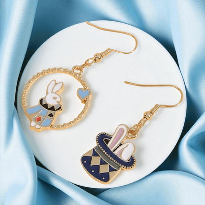 Magical Wonderland Earrings: White Rabbit & Clock Mismatch Dangles