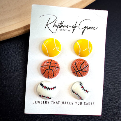 Sporty Sparkle Trio: Baseball, Tennis & Basketball Stud Earrings Set!