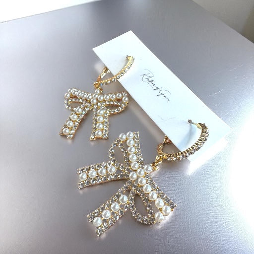 Sparkle & Shine: Rhinestone & Faux Pearl Bow Hoop Earrings