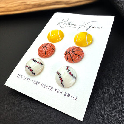 Sporty Sparkle Trio: Baseball, Tennis & Basketball Stud Earrings Set!