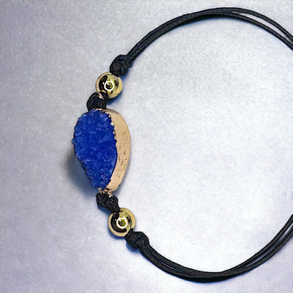 Black Leather Bracelet with Gold and Blue Charm