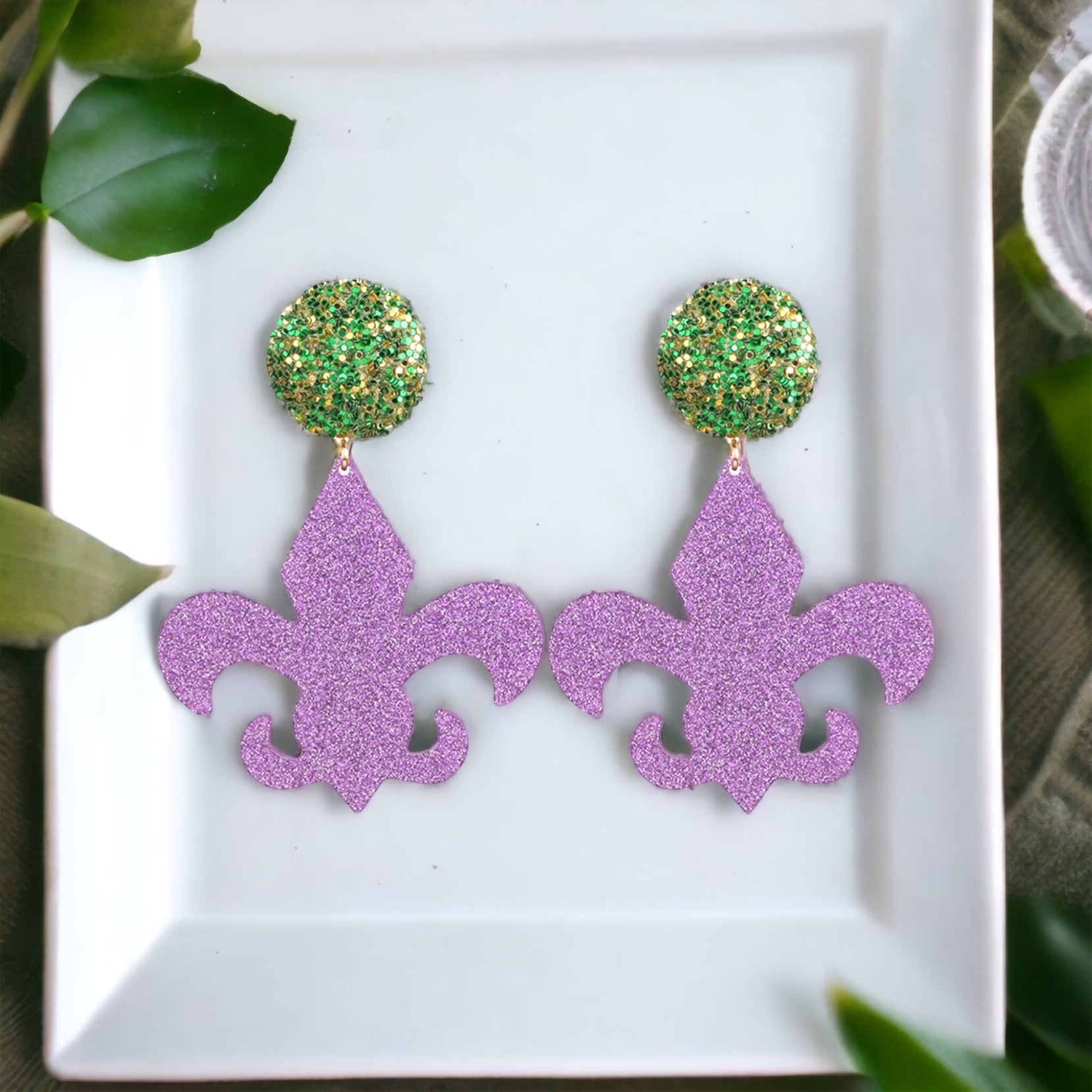 Mardi Gras Oversized Statement Earrings - Glitter Fleur-de-Lis Elegance - Rhythms of Grace Creative