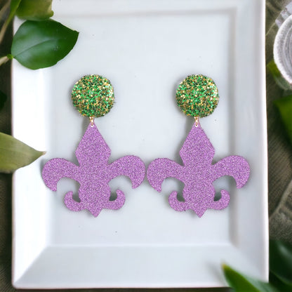 Mardi Gras Oversized Statement Earrings - Glitter Fleur-de-Lis Elegance - Rhythms of Grace Creative