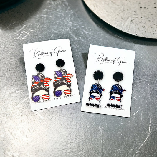 Patriotic Mom Earrings - Stainless Steel & Acrylic, Perfect for #MomLife