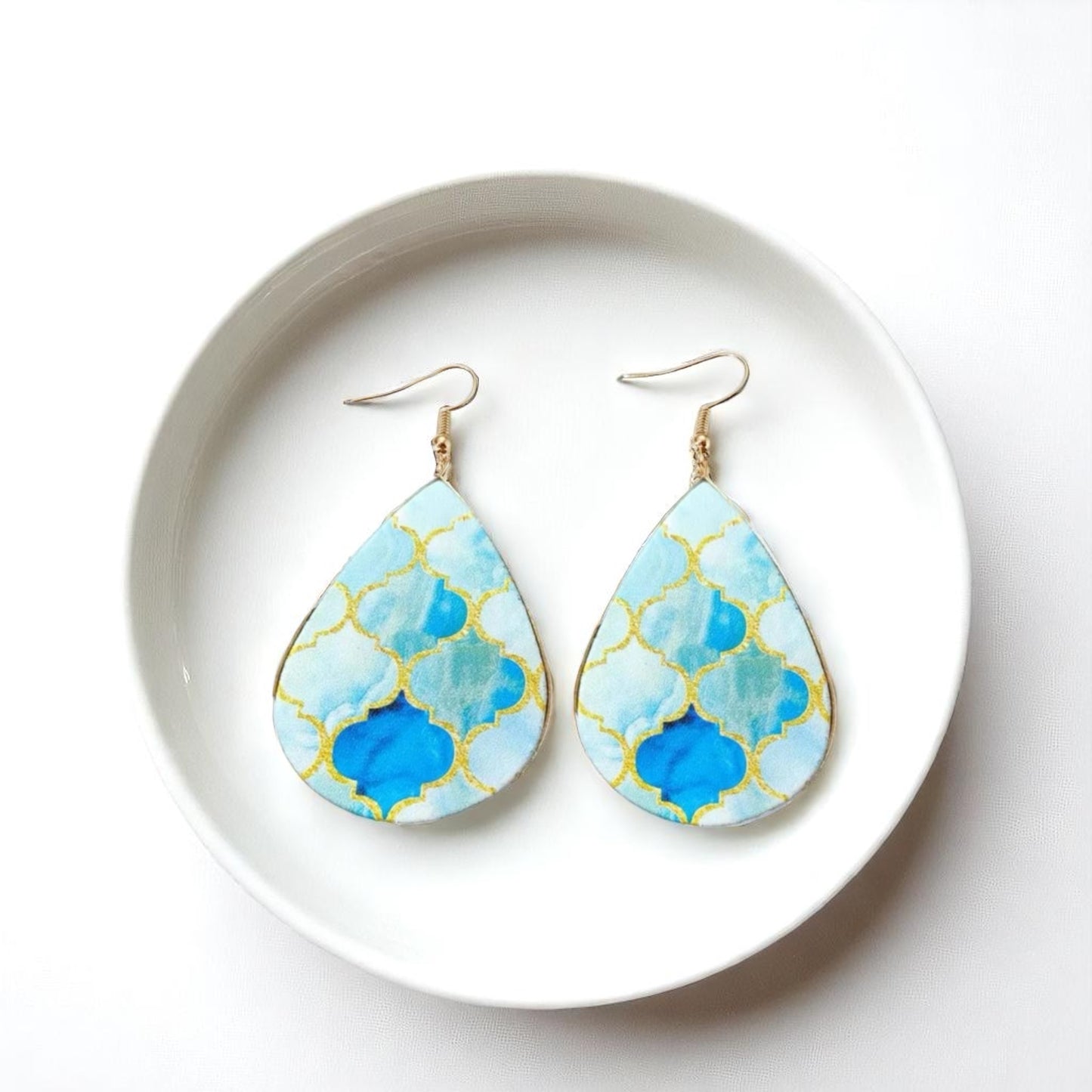 Beach Bliss: Blue, Gold & White Teardrop Dangle Earrings for Stylish Days!