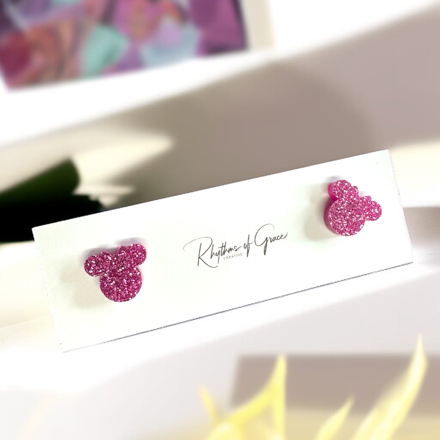 Sparkle & Shine with Pink Glitter Mouse Ears Stud Earrings!