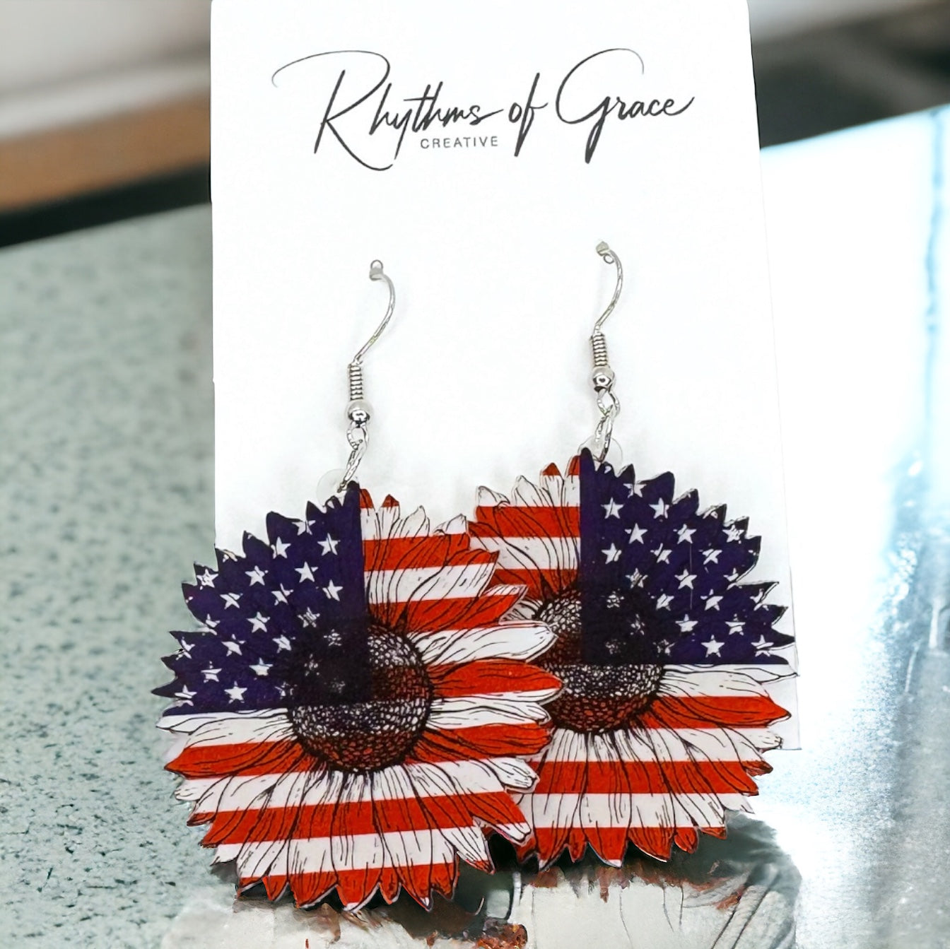 Patriotic Flower Dangle Earrings - Stars & Stripes Design