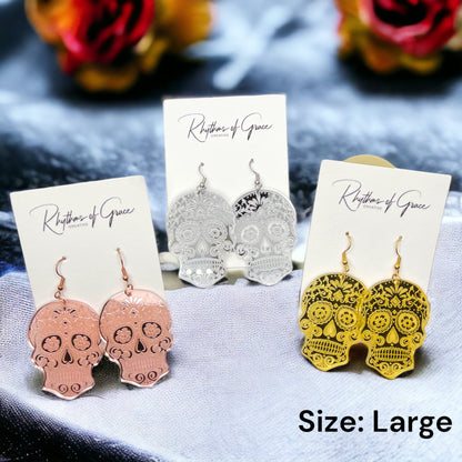 Metallic Skull Earrings - Halloween Earrings, Skeleton Earrings, Halloween Skull, Halloween Earrings, Sugar Skull, Trick or Treat - Rhythms of Grace Creative