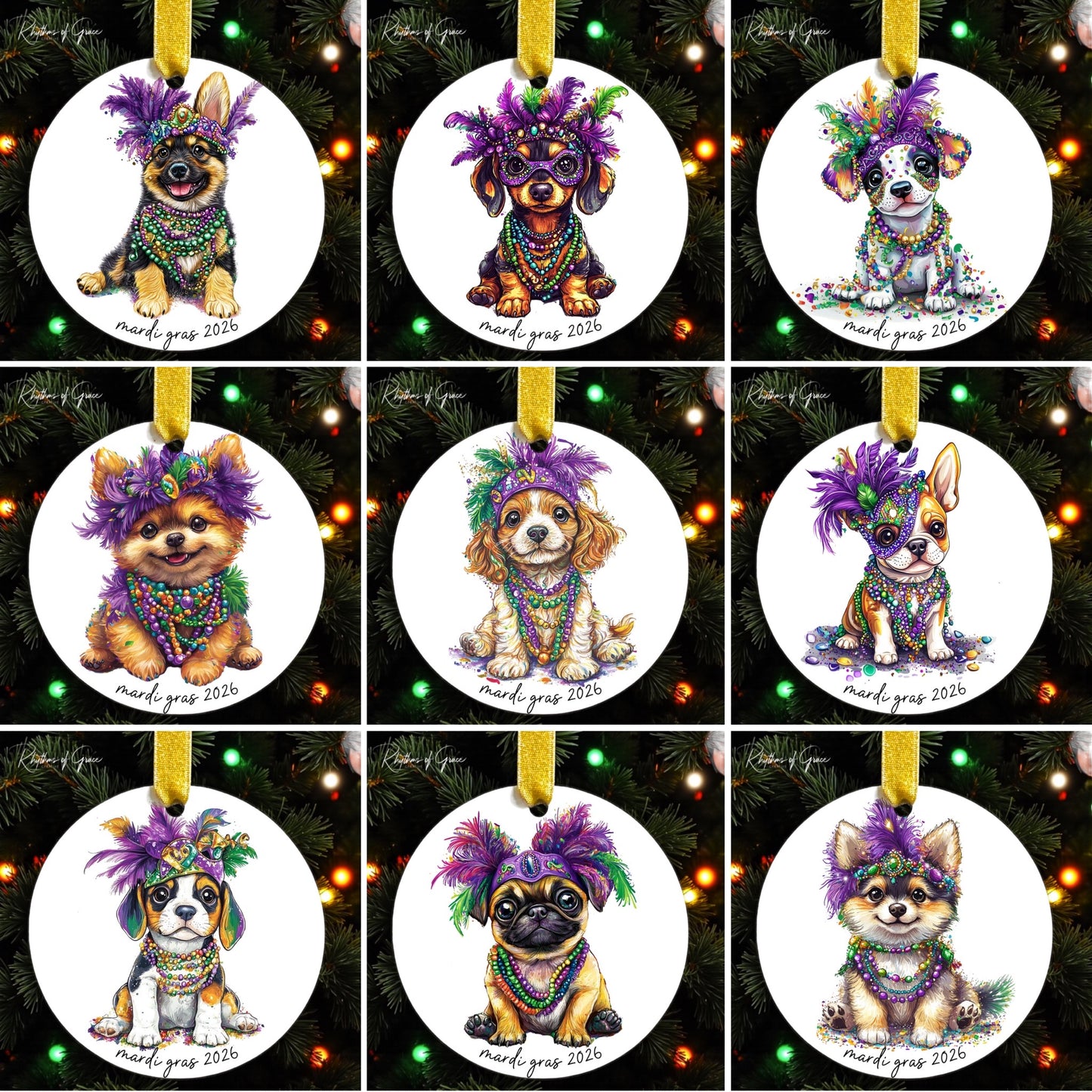 Set of Christmas ornaments with dogs wearing festive hats on a decorated tree background.