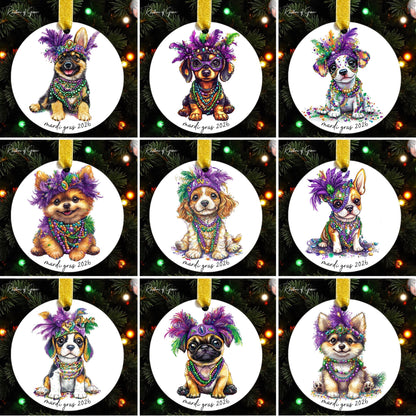 Set of Christmas ornaments with dogs wearing festive hats on a decorated tree background.