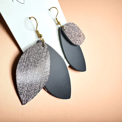 Spark Up Your Style: Chic Black Layered Leather Earrings - Gold or Silver Accent!