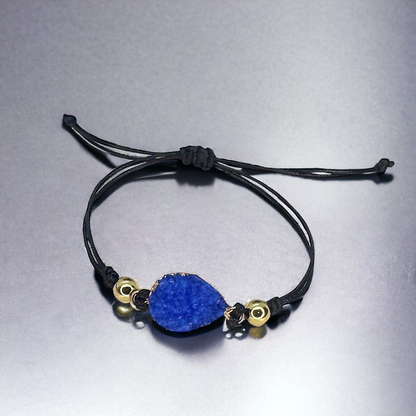 Black Leather Bracelet with Gold and Blue Charm