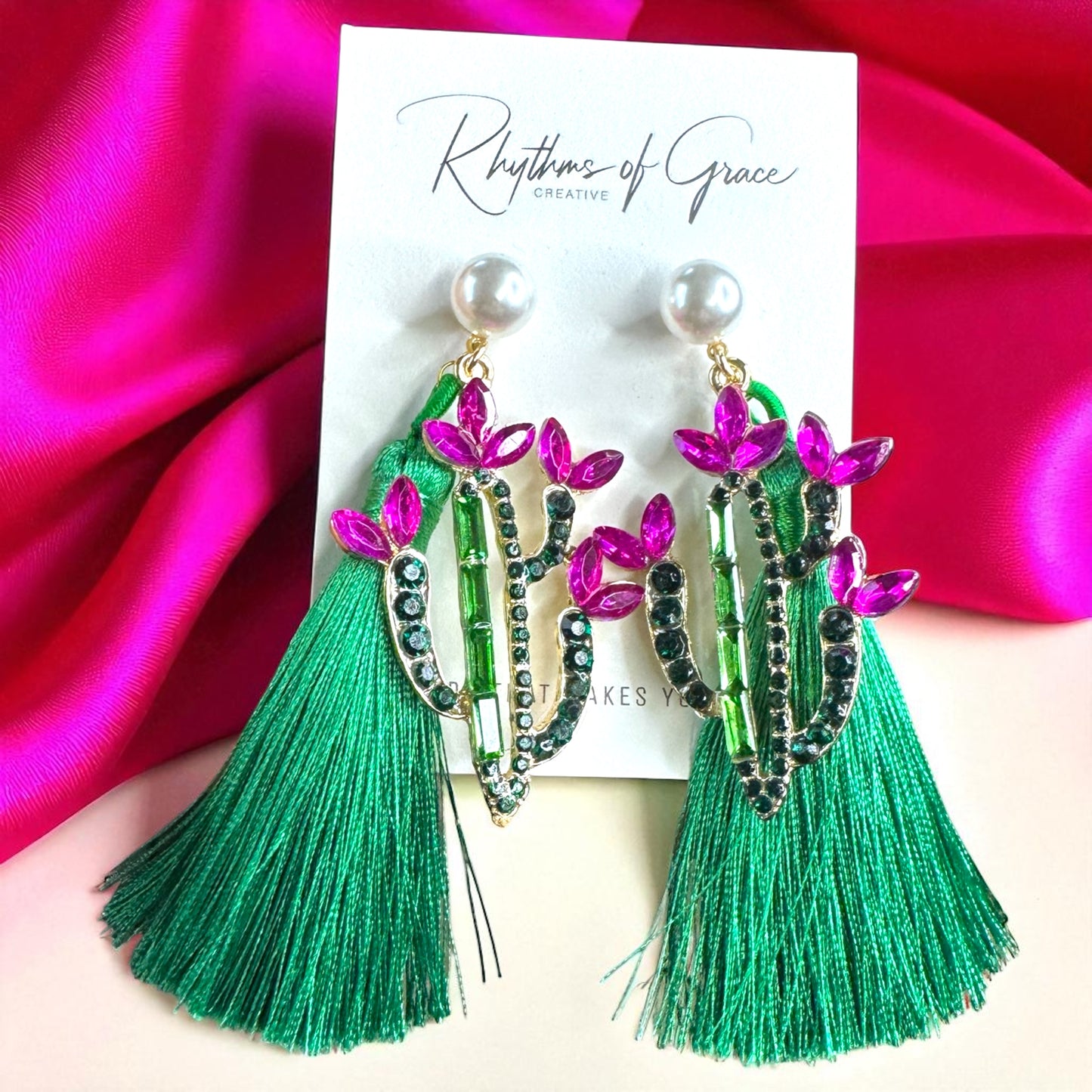 Sparkle in the Desert – Rhinestone Cactus Tassel Earrings 🌵