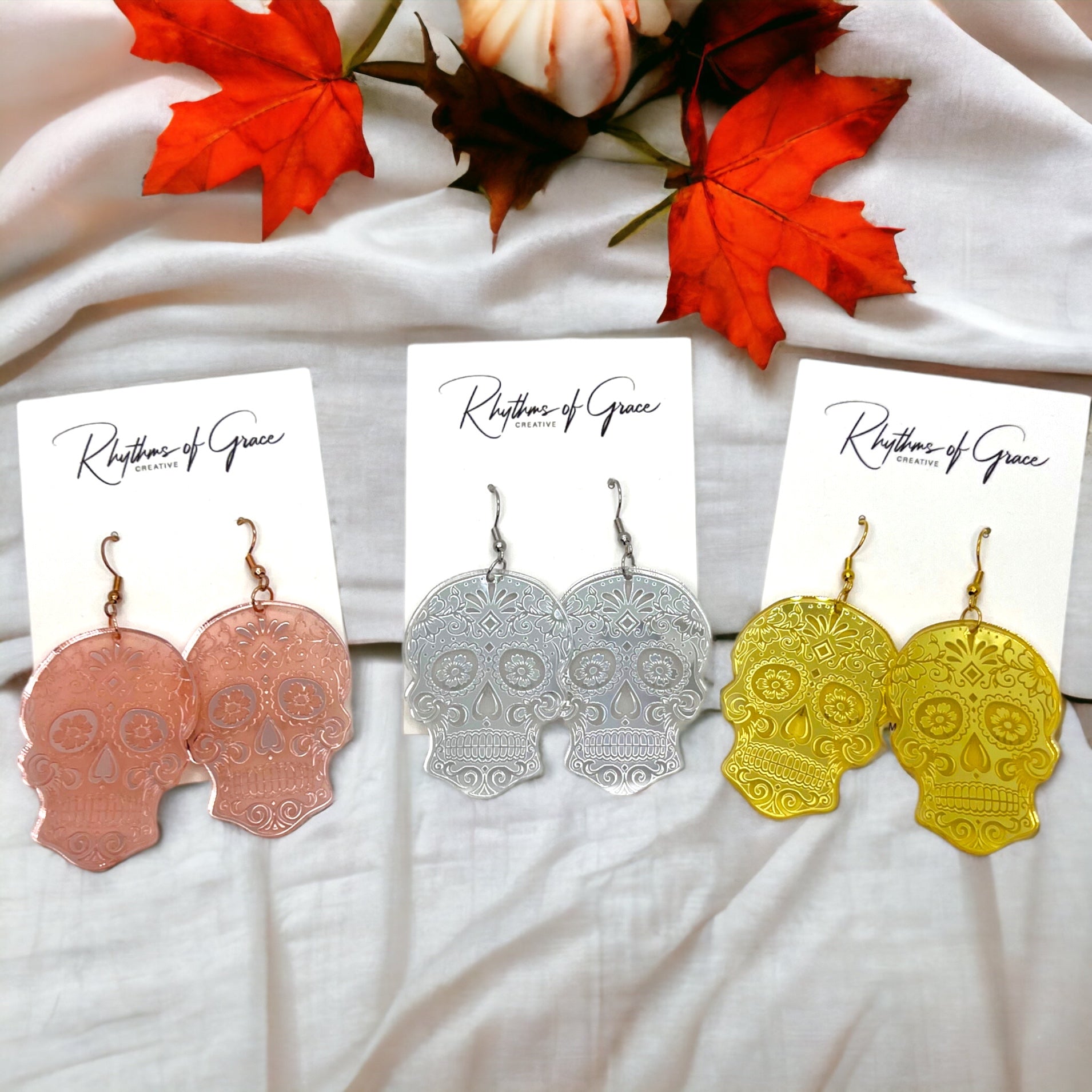 Metallic Skull Earrings - Halloween Earrings, Skeleton Earrings, Halloween Skull, Halloween Earrings, Sugar Skull, Trick or Treat - Rhythms of Grace Creative