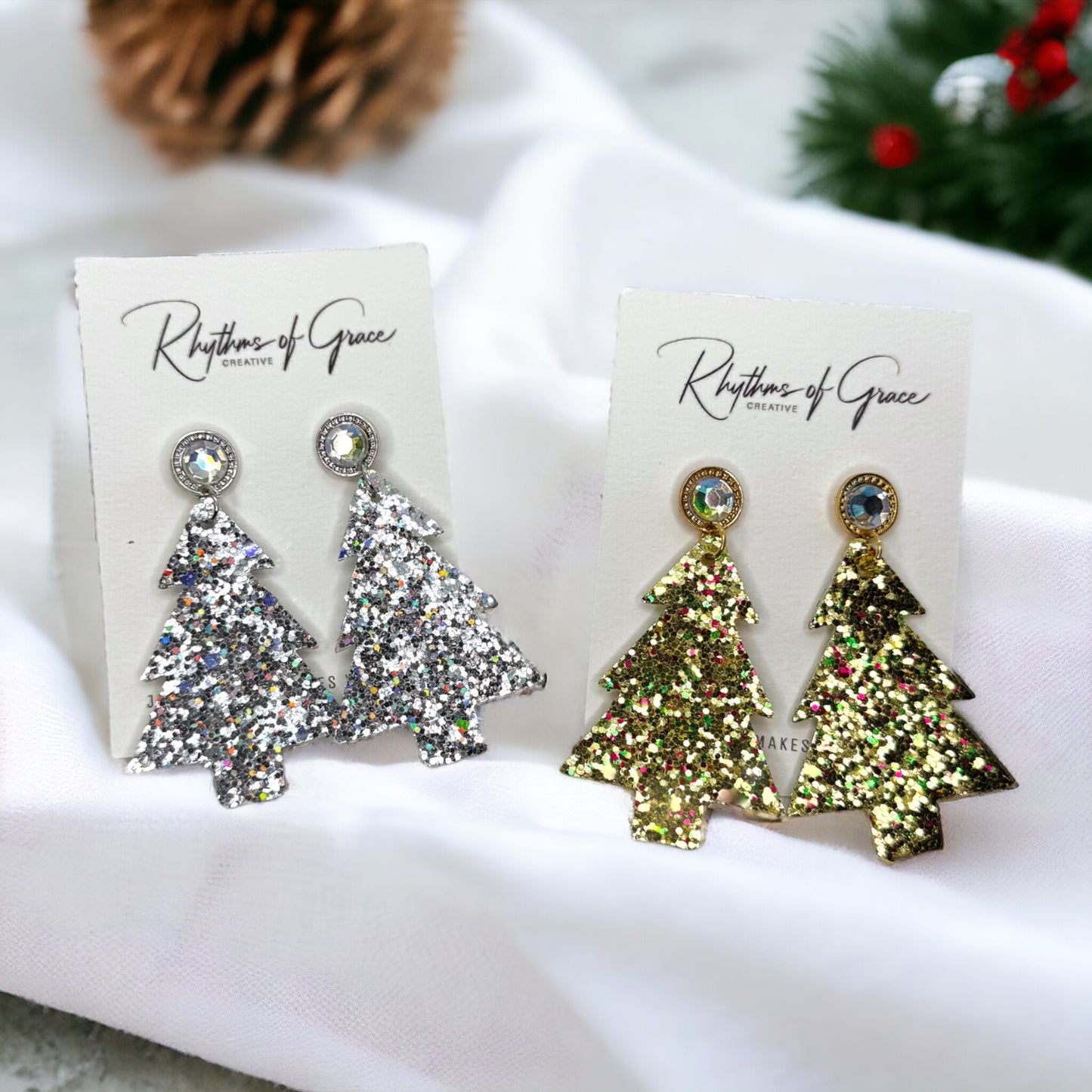 Sparkling Christmas Tree Earrings - Dazzle Your Holidays with Glittery Cheer!
