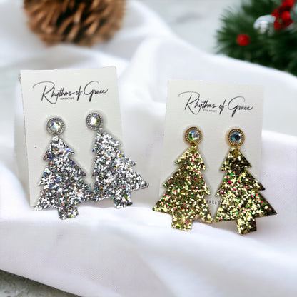 Sparkling Christmas Tree Earrings - Dazzle Your Holidays with Glittery Cheer!