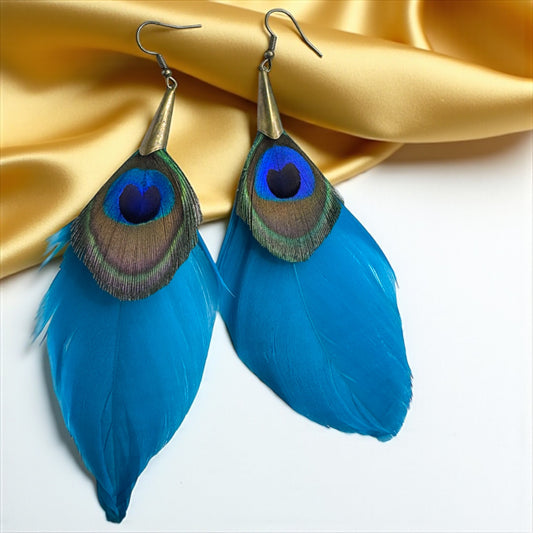 Boho Peacock Feather Dangle Earrings – Layered Turquoise & Natural Feathers, Lightweight Statement Jewelry