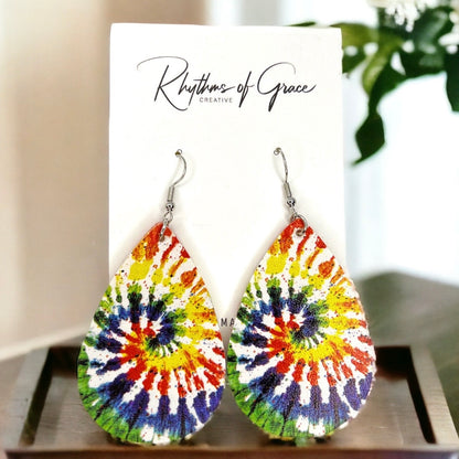 Vibrant Tie Dyed Teardrop Dangle Earrings: Boho Chic Rainbow Style! - Rhythms of Grace Creative