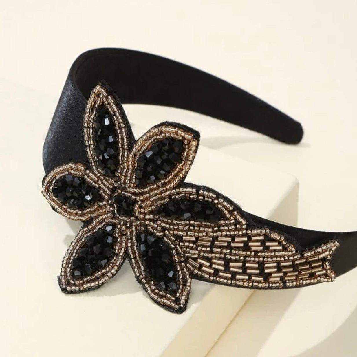 Beaded Black and Gold Headband - Handmade Headpiece, New Orleans Headband, Holiday Headpiece, Beaded Headband - Rhythms of Grace Creative