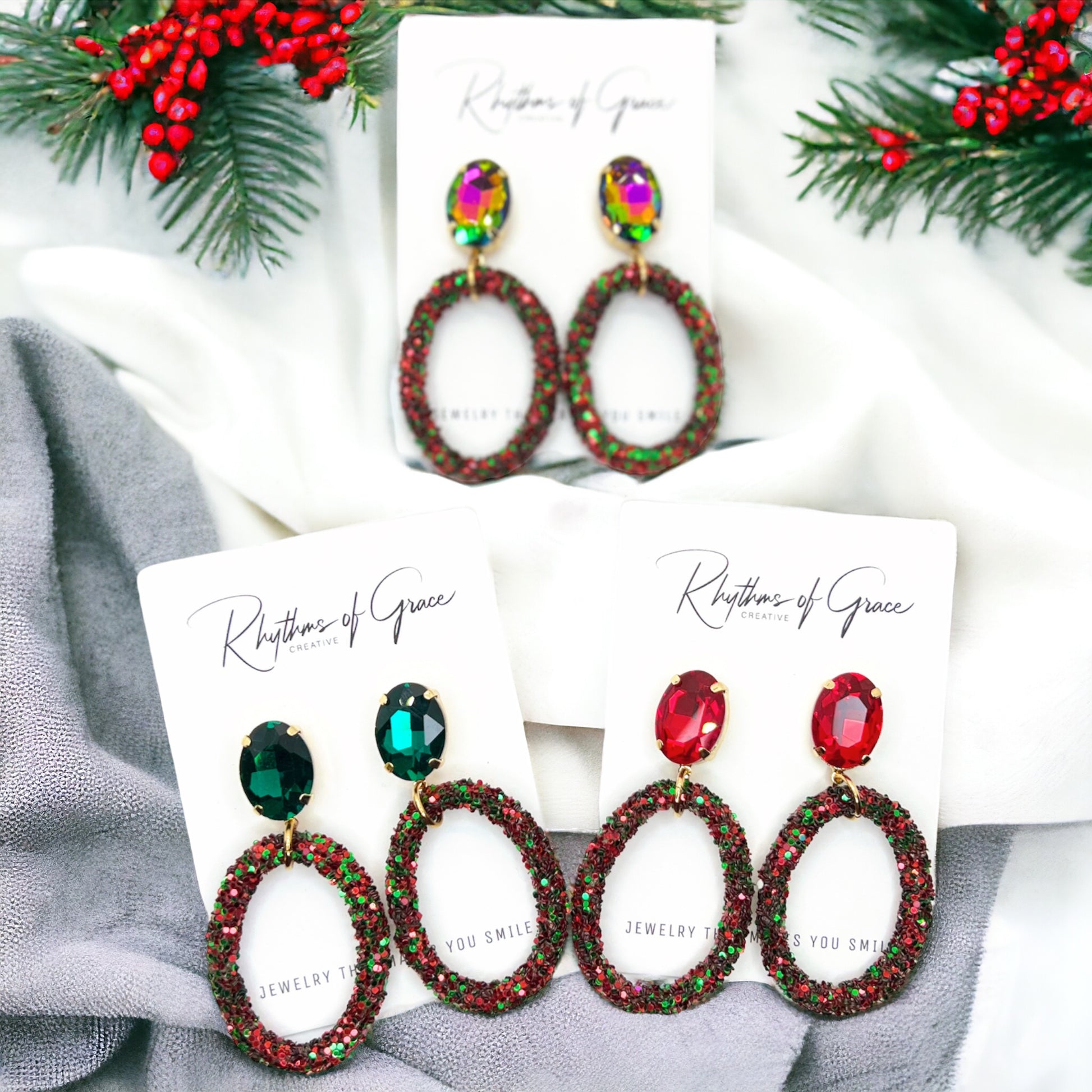 Glitter Christmas Earrings - Christmas Jewelry, Handmade Earrings, Red and Green Earrings, Christmas Earrings, Red Rhinestones, Green Jewels - Rhythms of Grace Creative