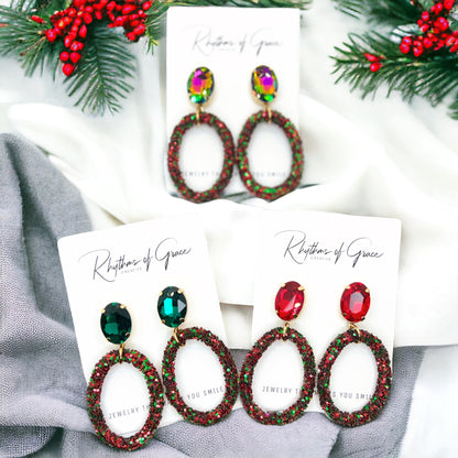 Glitter Christmas Earrings - Christmas Jewelry, Handmade Earrings, Red and Green Earrings, Christmas Earrings, Red Rhinestones, Green Jewels - Rhythms of Grace Creative