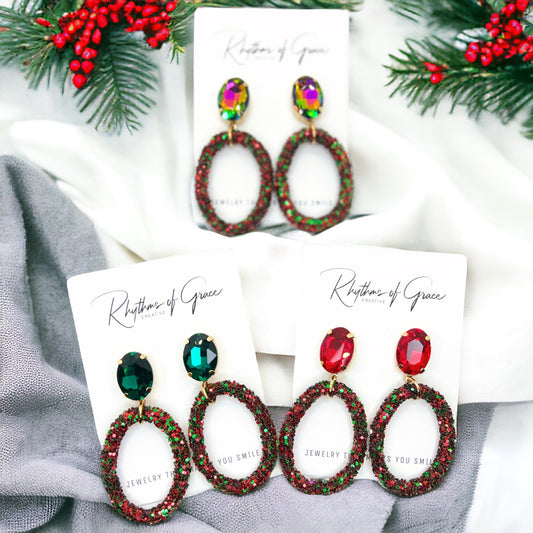 Glitter Christmas Earrings - Christmas Jewelry, Handmade Earrings, Red and Green Earrings, Christmas Earrings, Red Rhinestones, Green Jewels - Rhythms of Grace Creative