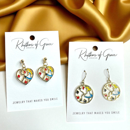 Enchanting Alice in Wonderland Mismatched Dangle Earrings | Whimsical Style & Unique Charm