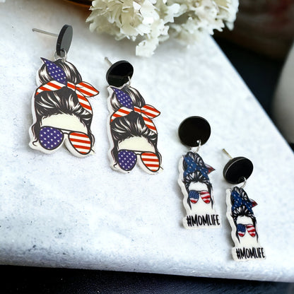 Patriotic Mom Earrings - Stainless Steel & Acrylic, Perfect for #MomLife