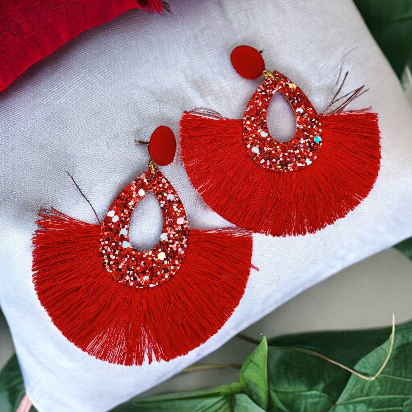 Sparkling Red Glitter Tassel Dangle Earrings - Bold Statement Jewelry