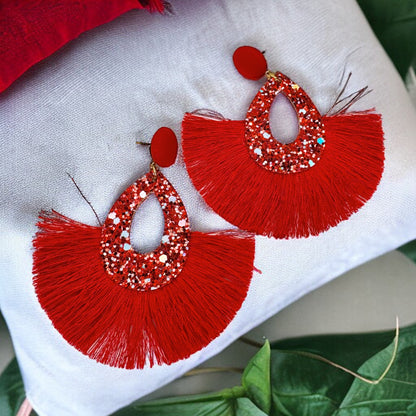 Sparkling Red Glitter Tassel Dangle Earrings - Bold Statement Jewelry