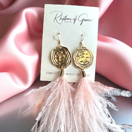 Boho Glam Vibes: Pink Feather & Gold Charm Dangle Earrings – Lightweight, Bold & Beautiful!