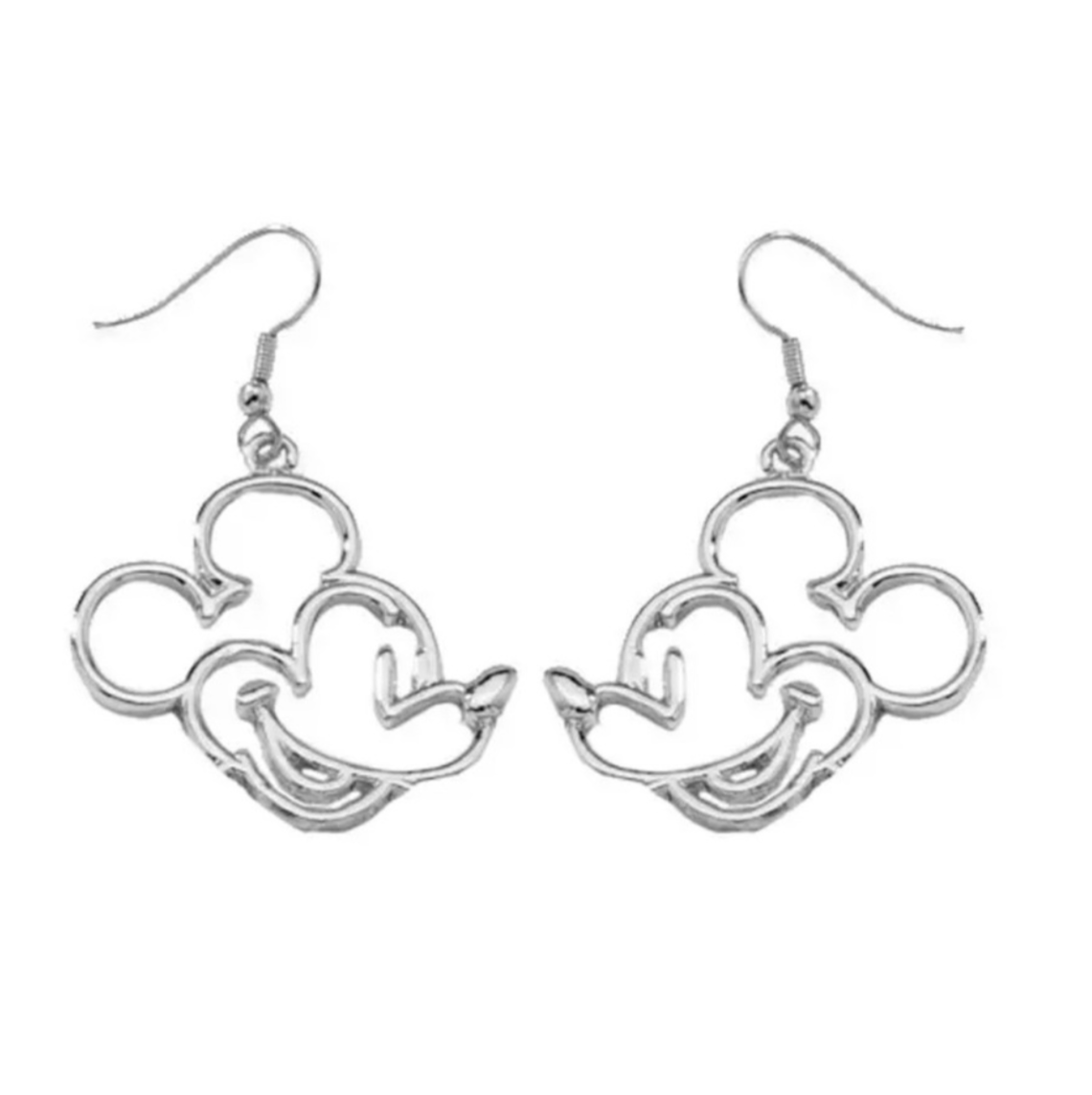 Silver Mickey Mouse earrings on a white background