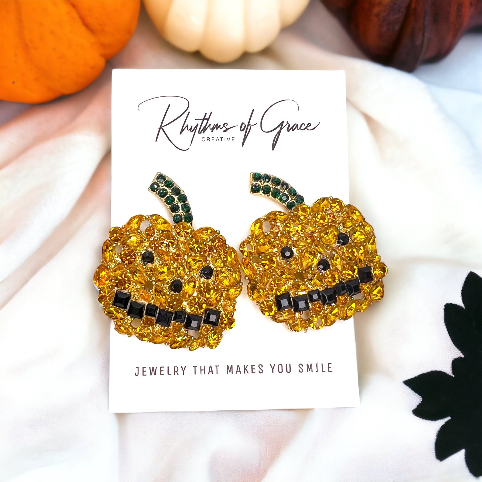 Sparkly Rhinestone Encrusted Jack-o’-Lantern Oversized Stud Earrings - Rhythms of Grace Creative