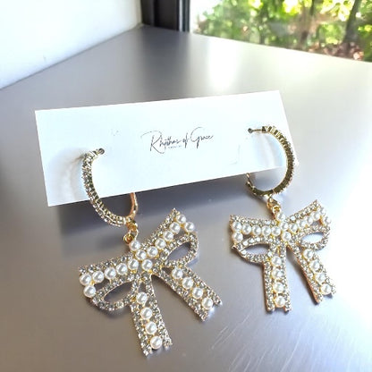 Sparkle & Shine: Rhinestone & Faux Pearl Bow Hoop Earrings