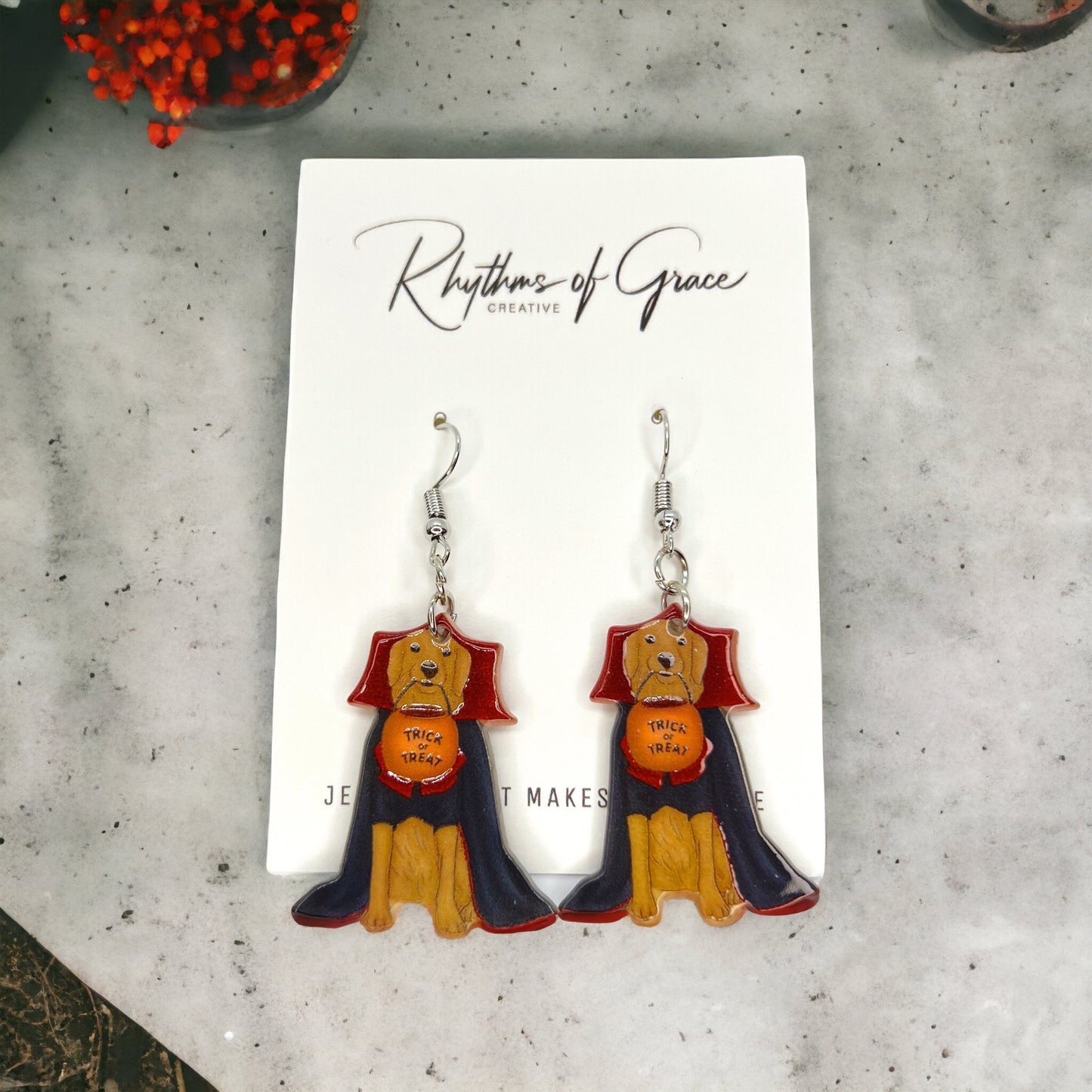 Halloween Dog Earrings - Halloween Earrings, Dog Costume, Hallowee, Halloween Earrings, Cape Costume, Trick or Treat - Rhythms of Grace Creative