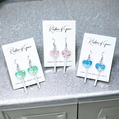 Sweetheart Swirl – Heart Lollipop Earrings in Candy Colors 🍭
