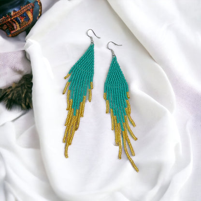Boho Beaded Earrings - Teal and Gold, Boho Earrings, Bohemian Style, Kentucky Derby, Beaded Accessories, Handmade Jewelry - Rhythms of Grace Creative