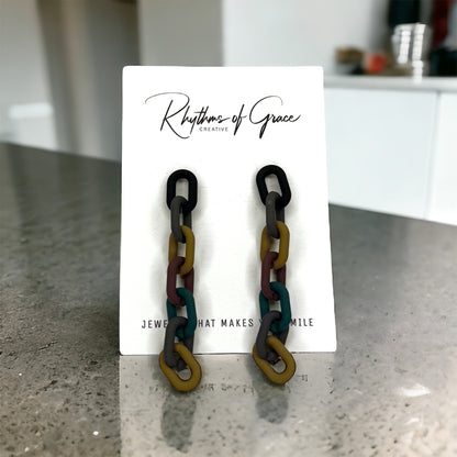 Trendy Acrylic Chain Link Earrings - Stainless Steel Posts, Camouflage