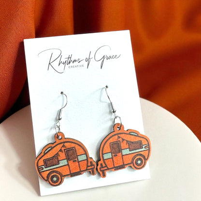 Happy Camper Vibes: Handmade Wooden Camper Dangle Earrings for Your Next Adventure