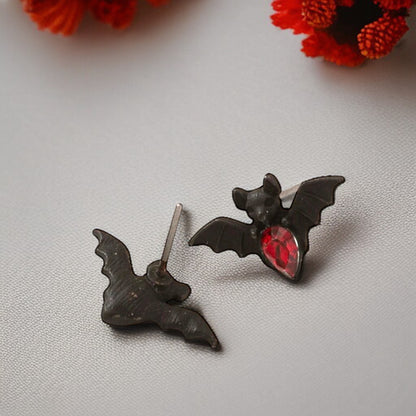 Bat-tastic Bling: Red & Black Rhinestone Stud Earrings!