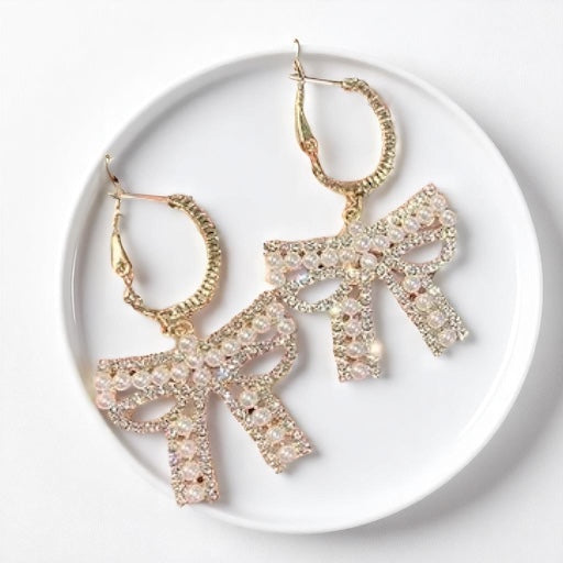 Sparkle & Shine: Rhinestone & Faux Pearl Bow Hoop Earrings