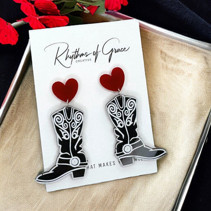 Trendy Black and White Cowboy Boot Dangle Earrings - Western Style Jewelry