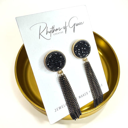 Glamorous Black & Gold Druzy Dangle Earrings - Sparkle & Shine! 🌟