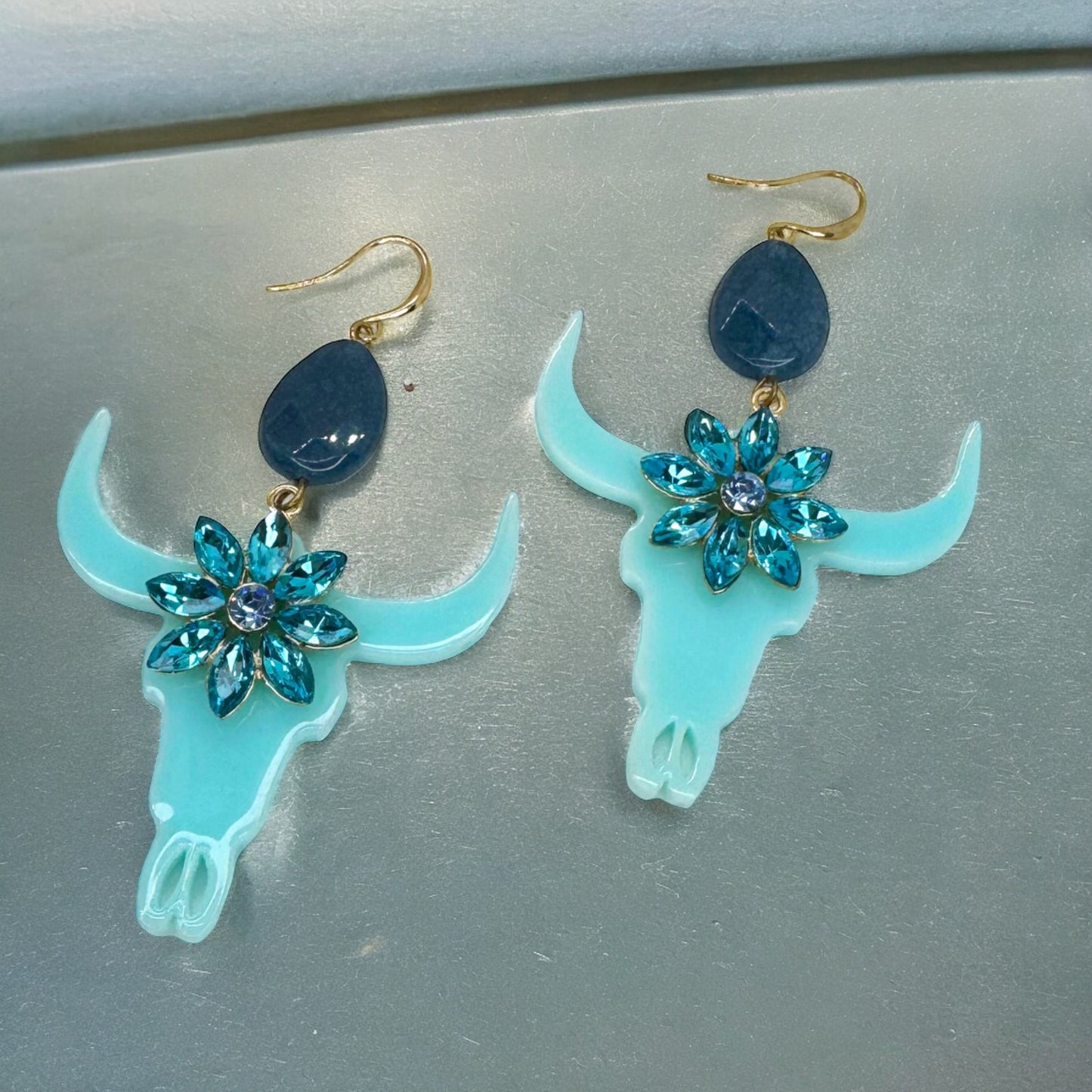 Striking Blue/Teal Longhorn Dangle Earrings - Versatile Western Style Statement Jewelry