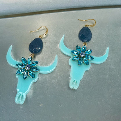 Striking Blue/Teal Longhorn Dangle Earrings - Versatile Western Style Statement Jewelry