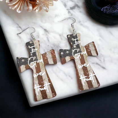 Patriotic "In God We Trust" American Flag Cross Earrings - Unique Faith Design