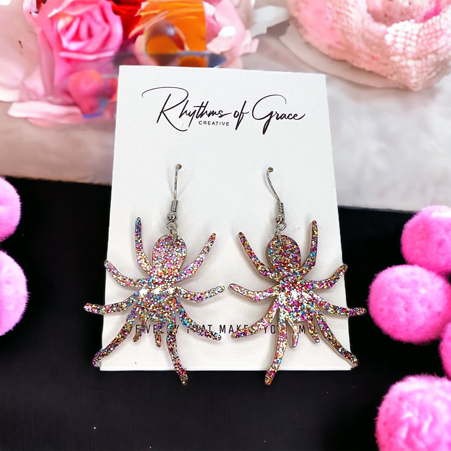 Pink Glitter Spider Earrings - Halloween Earrings, Halloween Accessories , Spoder Accessories, Halloween Costume, Halloween Teacher - Rhythms of Grace Creative