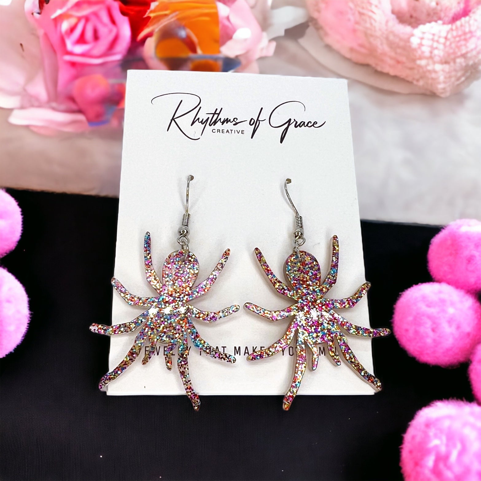 Pink Glitter Spider Earrings - Halloween Earrings, Halloween Accessories , Spoder Accessories, Halloween Costume, Halloween Teacher - Rhythms of Grace Creative