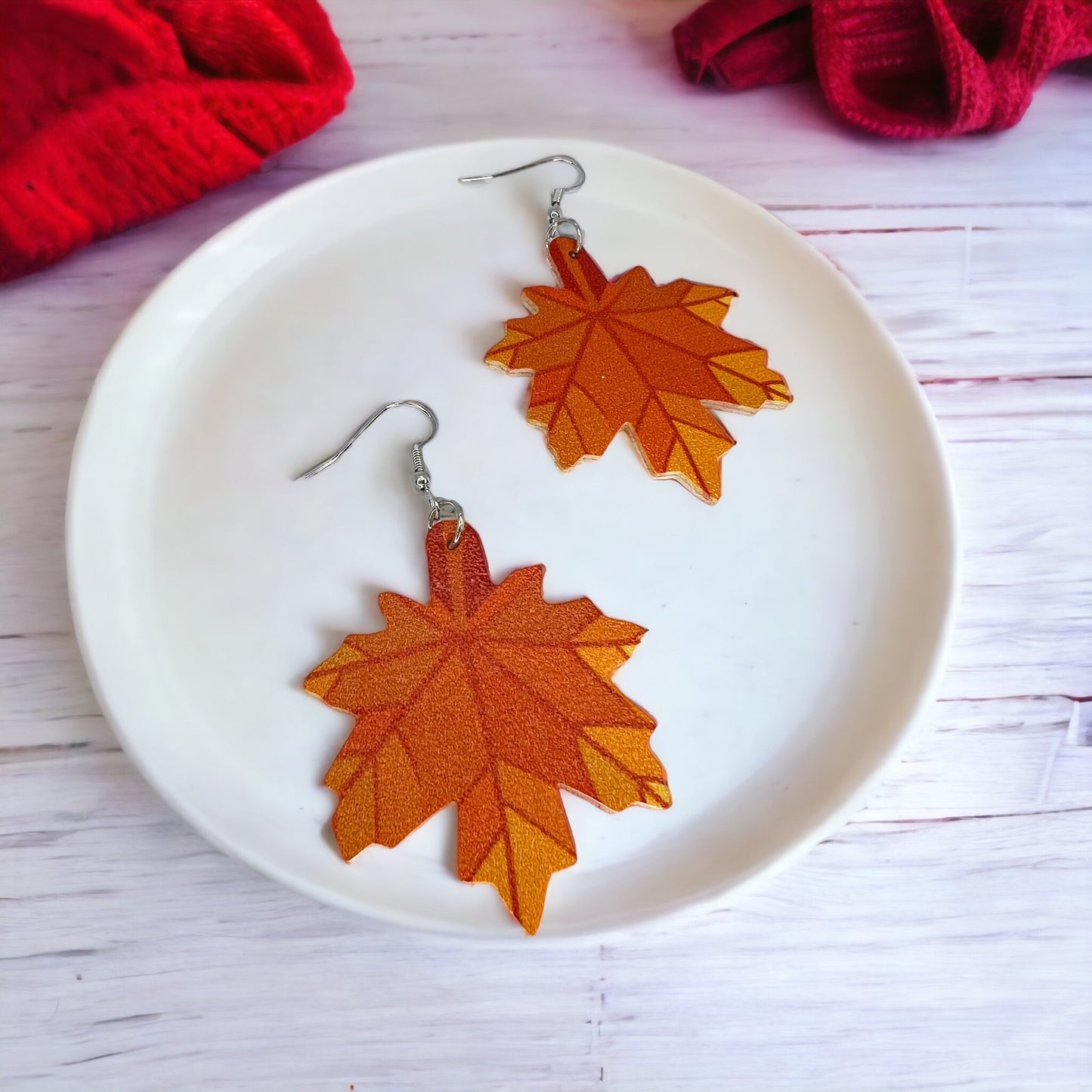 Autumn Maple Leaf Earrings - Fall, Handmade Jewelry, Gold Leaf, Halloween, Orange, Faux Pearls, Handmade Earrings, Leaf Accessories