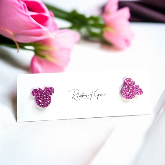 Sparkle & Shine with Pink Glitter Mouse Ears Stud Earrings!